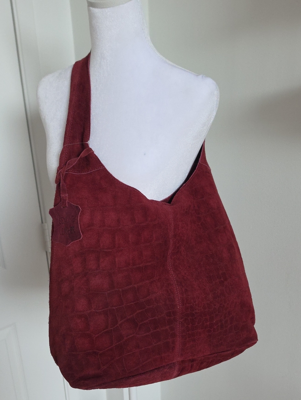 Handmade Suede Croc-Embossed Hobo Bag - Burgundy - Picture 8 of 8
